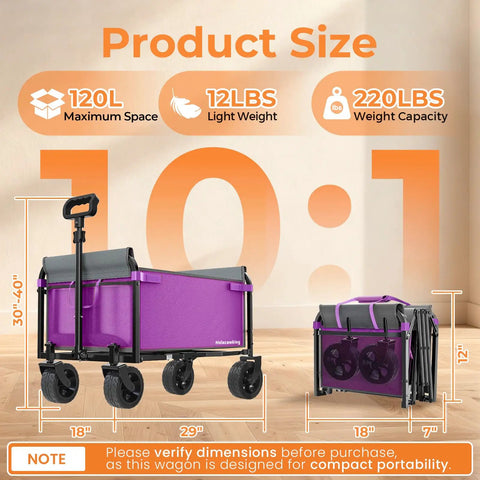 Lightweight Foldable Wagon Cart With Removable Side in purple, shown in open and folded positions, 12 lbs, 120L capacity