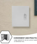 Vertical view of Plastic Electrical Junction Box And Distribution Cabinet 25x30x14cm with front lock shown, mounted on wall.