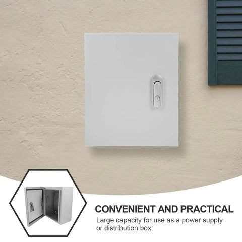 Vertical view of Plastic Electrical Junction Box And Distribution Cabinet 25x30x14cm with front lock shown, mounted on wall.