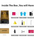 Box contents of Sonic Mighty 4K Resin 3D Printer with 9.3 Inch LCD, gloves, power adapter, manual, USB, tools, and accessories.