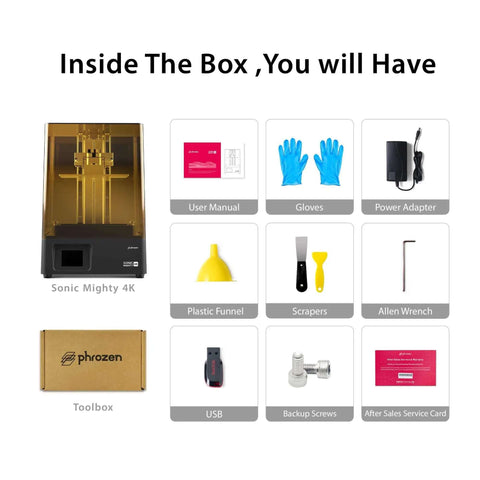 Box contents of Sonic Mighty 4K Resin 3D Printer with 9.3 Inch LCD, gloves, power adapter, manual, USB, tools, and accessories.