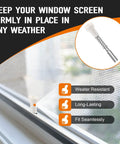 30 Pack Window Screen Plunger Latches Heavy Duty Replacement Pins With Steel Springs For 3/4 Inch Vinyl Frames 5/32 X 1 1/2 Inches shown in use on a window screen.