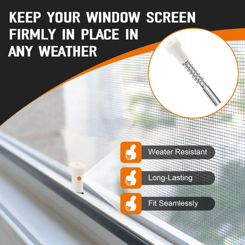 30 Pack Window Screen Plunger Latches Heavy Duty Replacement Pins With Steel Springs For 3/4 Inch Vinyl Frames 5/32 X 1 1/2 Inches shown in use on a window screen.