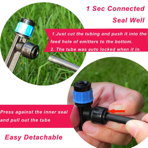 30 Pack Adjustable Drip Irrigation Emitters With Push To Quick Connect No Tools Needed To One Quarter Inch Tubing shown in garden