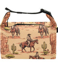 Cowboy themed insulated lunch bag with desert motif, showing cowboy on horseback. Large capacity tote for work, picnics, and camping.