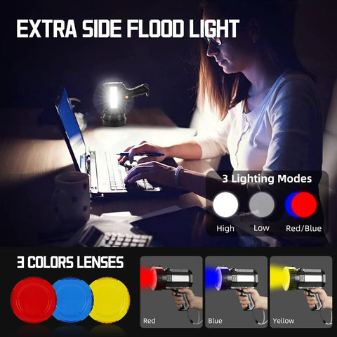 Rechargeable Spotlight Flashlight With Solar Panels, 1000 Lumen Beast Outdoor Handheld Light used at a desk with color lenses.