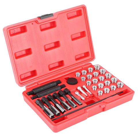 Pro Grade Glow Plug Thread Repair Kit 33 Piece Steel Set with M8x1 M10x1 M10x1.25 M12x1 M12x1.25 M14x1 tools in red case