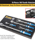 5-Piece Aluminum Ratchet Set With 90-Tooth Swivel Head And Flat Head Drives on foam tray organized in toolbox