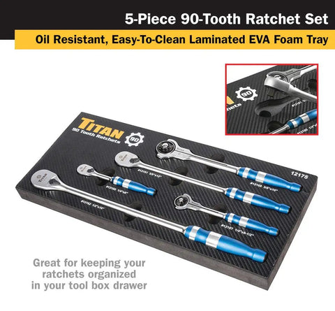 5-Piece Aluminum Ratchet Set With 90-Tooth Swivel Head And Flat Head Drives on foam tray organized in toolbox
