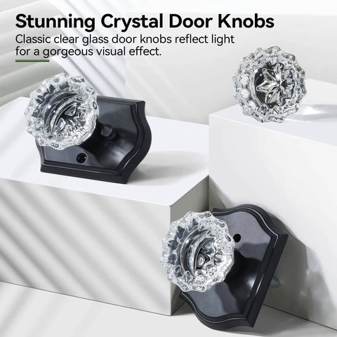 Three Pack Crystal Door Knobs With Lock Glass Privacy Knobs Matte Black Vintage Diamond Glass Door Knob Set displayed