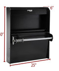Side view of Aluminum Work Station Storage Cabinet With Flip Out Work Tray And Paper Towel Rack Organizer For Enclosed Race Trailer Shop And Garage Storage In Black Heavy Duty Space Saving Design.