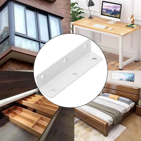 Heavy Duty Stainless Steel White Corner Brackets Set Of 4 With Screws for furniture and construction projects, close-up view.