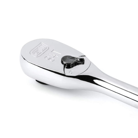 Close-up of One Quarter Inch Drive 84-Tooth Teardrop Ratchet, 5 Inch Length, Full Polish Chrome Finish, Enclosed Head Design