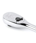Half Inch Drive 84 Tooth Teardrop Ratchet With 15 Inch Long Handle, flush on-off switch and polished chrome finish, head view.