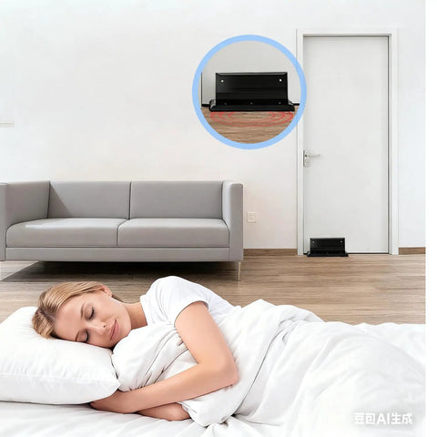 Top Shelf Heavy Duty Door Barricade Security Lock Travel Safe Kick Resistant Floor Brace Solid Aluminum Alloy Bulletproof Portable Hotel Room Anti Theft Shield placed under a door.