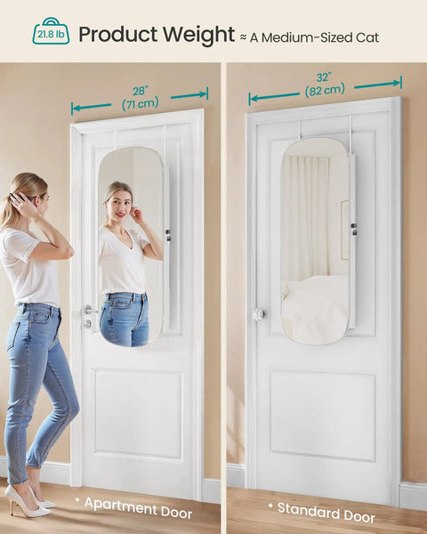 LED Jewelry Cabinet Organizer with Lockable Door and Wall Mount Rounded Wide Mirror on white door, 28-32 inches width comparison