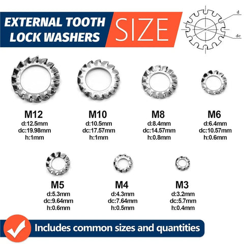External Multi Tooth Star Lock Washers Set Seven Sizes M3 M4 M5 M6 M8 M10 M12 diagram with dimensions