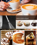 Semi Automatic Espresso Machine With Built In Milk Frother And One Touch Steam Wand, cups of lattes and cappuccinos on a cafe table.
