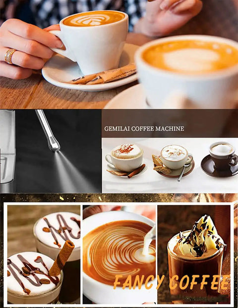 Semi Automatic Espresso Machine With Built In Milk Frother And One Touch Steam Wand, cups of lattes and cappuccinos on a cafe table.