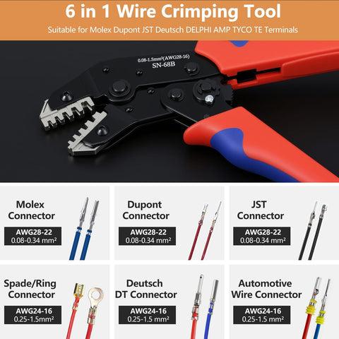 6 In 1 Wire Crimping Tool For Non-Insulated Open Barrel Terminals, AWG 28-16 Crimper Pliers with red and blue handles