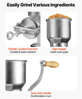 Manual Grain Mill With High Hopper, Hand Crank Corn Grinder showing cast iron body, high hopper filled with corn, and easy-grip handle.
