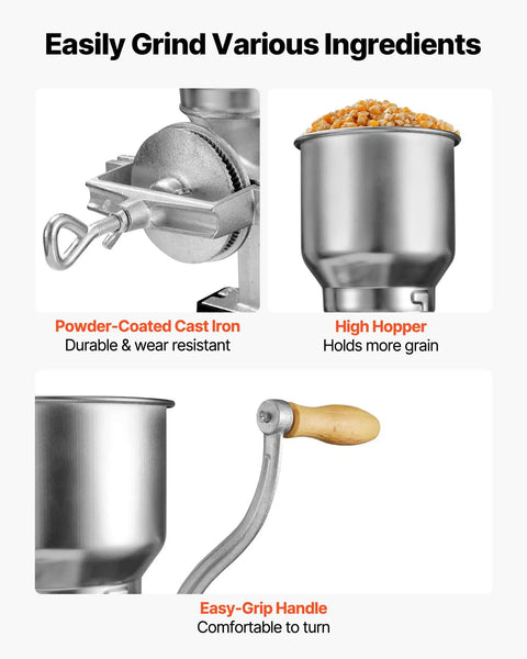 Manual Grain Mill With High Hopper, Hand Crank Corn Grinder showing cast iron body, high hopper filled with corn, and easy-grip handle.