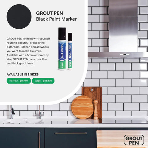 Black Tile Grout Pen For Quick DIY Refresh Waterproof Grout Paint Marker in kitchen with white tiles.