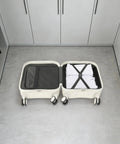 Mint Blue And Pearl White 18 Inch Carry On Suitcase With A Built In USB Charging Port And Roomy Power Bank Pocket For Traveling, open with clothes packed inside.