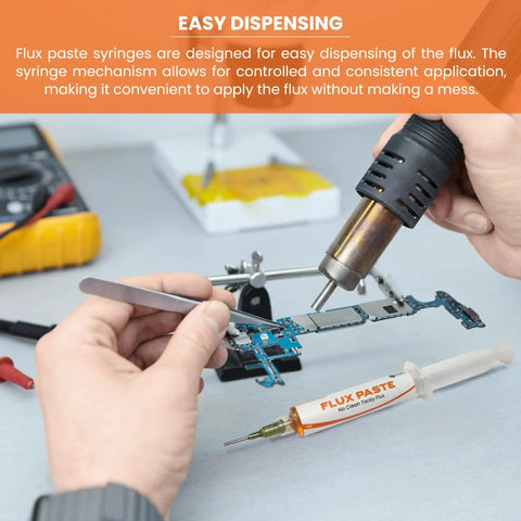 Rosin Flux Gel Paste For Electronics Soldering, Tacky No Clean Flux Syringe 10 G on PCB with soldering iron and tweezers