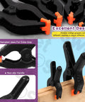 Swpeet 15 Piece Spring Clamp Set With Black Plastic Mini Clamps In Size Range From Two To Six Inches For Balloon Arcs Backdrops Woodworking And Crafting Projects, black ABS with orange grips on wood