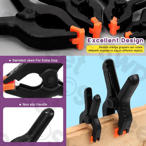 Swpeet 15 Piece Spring Clamp Set With Black Plastic Mini Clamps In Size Range From Two To Six Inches For Balloon Arcs Backdrops Woodworking And Crafting Projects, black ABS with orange grips on wood