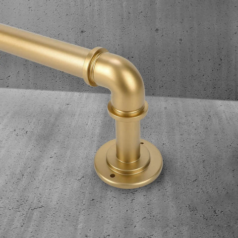Gold Industrial Curtain Rods For Windows 48 To 84 Inches, 1 Inch Diameter, featuring a metal elbow joint for wall mount