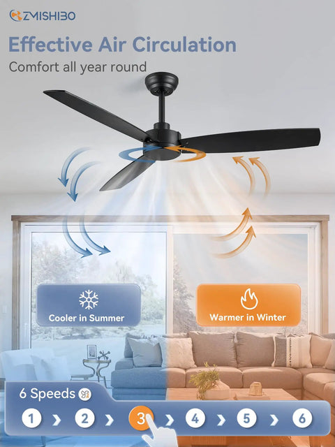 2 Pack 52 Inch Outdoor Ceiling Fans With Remote Black No Light Quiet Reversible DC Motor 6 Speeds 3 Blade Modern Ceiling Fan installed in living room