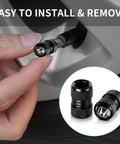 Honda Aluminum Alloy Tire Valve Stem Caps 4 Piece Set Black For Accord Civic CR-V Pilot EX EX-L Cars easy install shown on tire