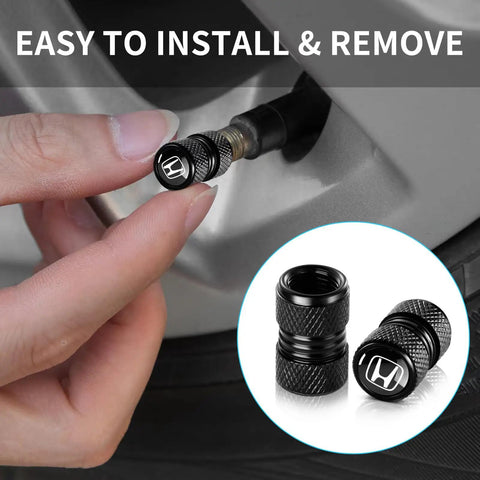 Honda Aluminum Alloy Tire Valve Stem Caps 4 Piece Set Black For Accord Civic CR-V Pilot EX EX-L Cars easy install shown on tire