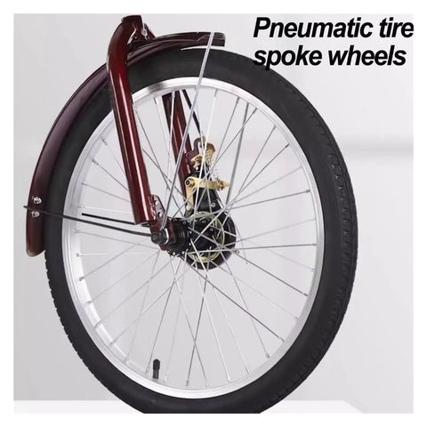 Close-up of front pneumatic spoke wheel of Adult Folding Three Wheel Tricycle With Back Cabin Front And Rear Dual Brakes