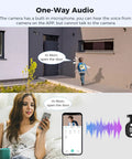Child speaking on security camera with one-way audio feature and mother using phone, demonstrating 3K Wired Outdoor Security Camera System.