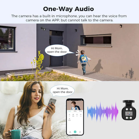 Child speaking on security camera with one-way audio feature and mother using phone, demonstrating 3K Wired Outdoor Security Camera System.