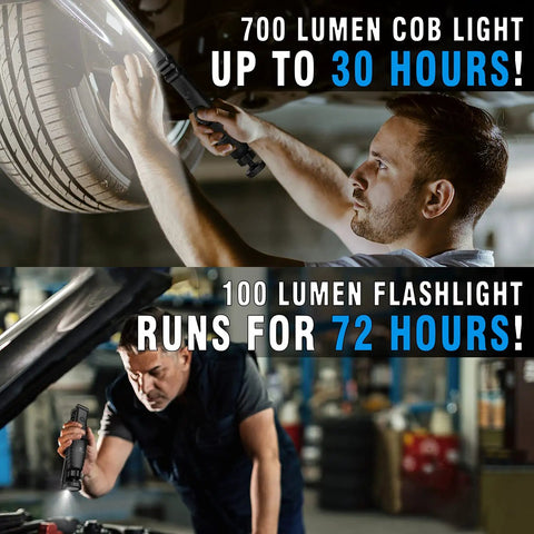 Person using Portable LED Work Light With 700 Lumens COB, Foldable And Rechargeable 3200mAh Battery for car repair