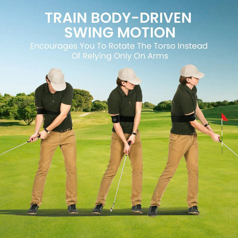 Golfer using Adjustable Golf Swing Training Arm Band For Right And Left Handed Beginners Portable Corrector Muscle Memory Trainer