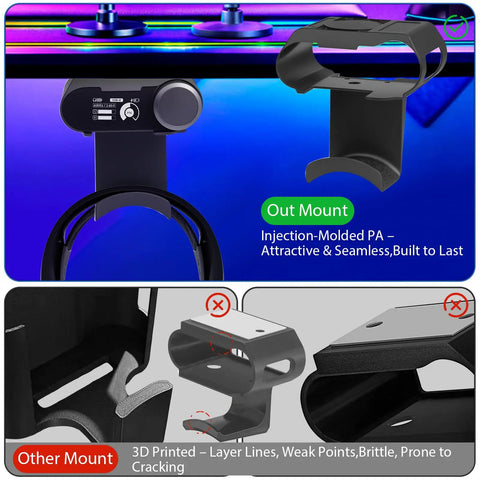 Comparison between injection-molded under desk headphone stand with magnetic mount and 3D printed version.
