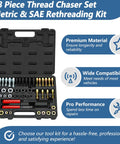 Heavy Duty 48 Piece Thread Chaser Set Kit With Metric And SAE Rethreading Includes 22 Taps 24 Dies And 2 Thread Files displayed in open case