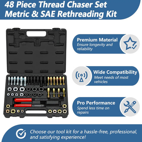 Heavy Duty 48 Piece Thread Chaser Set Kit With Metric And SAE Rethreading Includes 22 Taps 24 Dies And 2 Thread Files displayed in open case