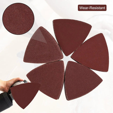 Beefy Heavy Duty Oscillating Tool Sanding Pads Kit with carbon steel backing, showing 2 triangle and fingertip pads with 100 pcs sandpaper