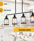 4 Light Cage Pendant Kitchen Island Light in rustic kitchen setting, showcasing black metal fixture with 120V E26 sockets.
