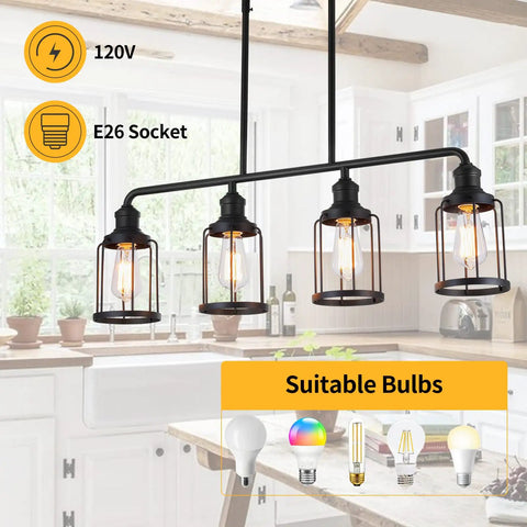 4 Light Cage Pendant Kitchen Island Light in rustic kitchen setting, showcasing black metal fixture with 120V E26 sockets.