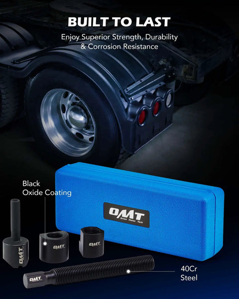 Dual Wheel Separator Tool Kit For Stuck Dually Wheels with 4-piece set and case shown in front of truck wheels