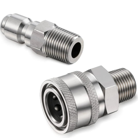 Close-up of two 1/4-inch NPT pressure washer quick-connect fittings: male plug and female coupler.