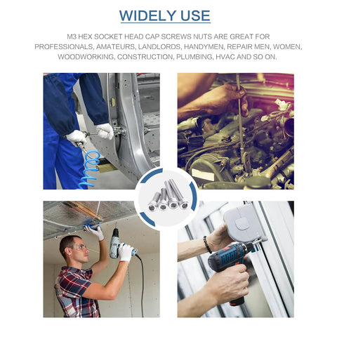 Durable M3 Hardware Kit With 304 Stainless Steel Hex Socket Cap Screws, Nuts And Flat Washers shown in various DIY uses