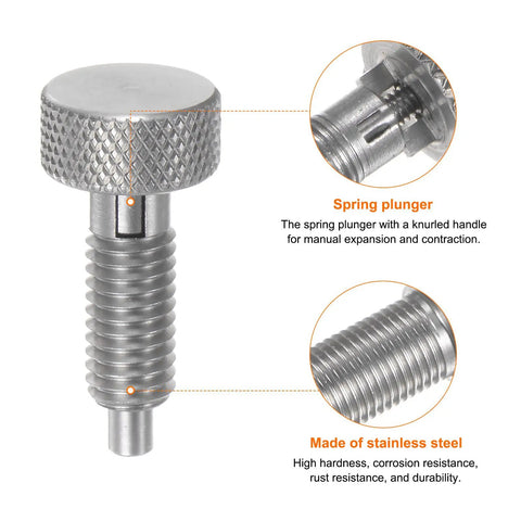 Workhorse 3 Pack Spring Plunger Pins M8x1.25 Thread 4mm Diameter stainless steel plunger pin with knurled handle.